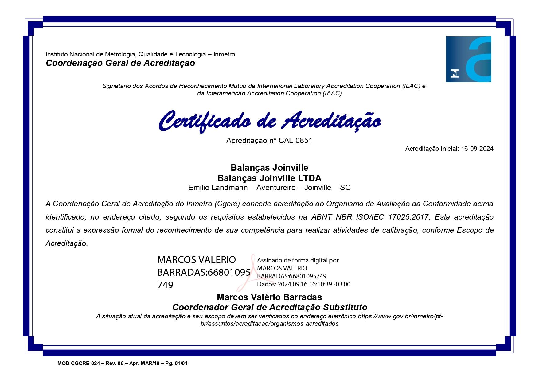 Certificado Acreditação